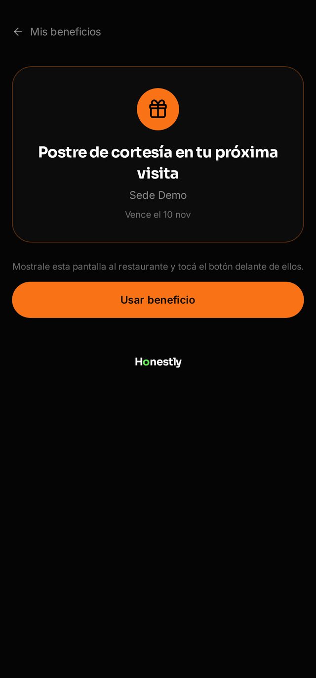 Detalle del beneficio con el botón para usarlo