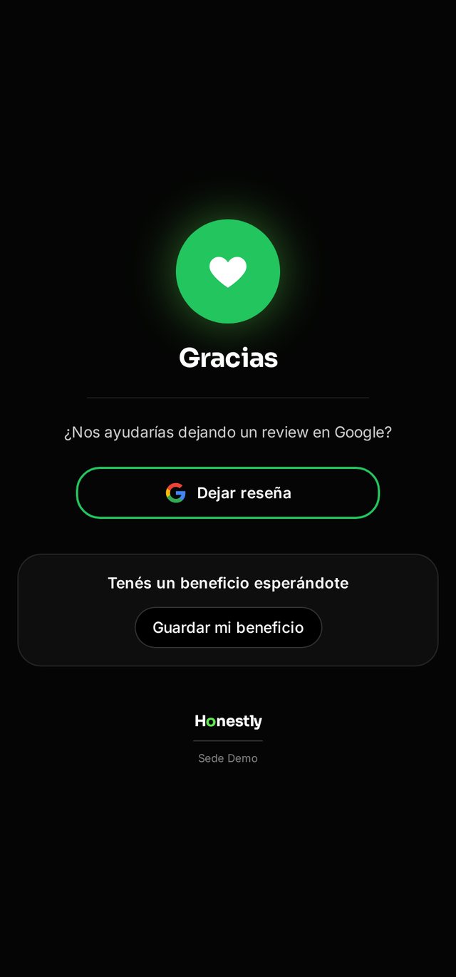 Pantalla de agradecimiento con invitación a dejar un review en Google