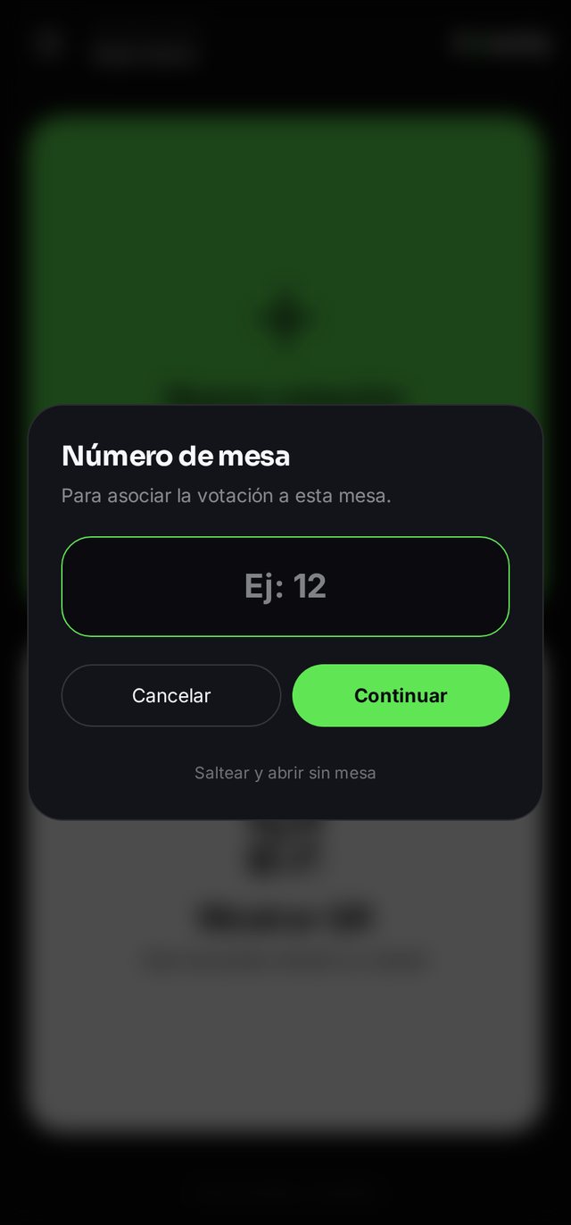 Selección del número de mesa
